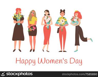 Happy womens day International holiday, greeting card with girls and flower gifts. Vector caucasian woman with blooming bouquets, cartoon flat style. Happy Womens Day International Holiday, Greetings