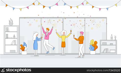 Happy Workers Having Fun. People Celebrate Party in Office Decorated with Flags. Joyful Managers in Workplace. Corporate Culture in Company. Cheerful Colleagues Linear Cartoon Flat Vector Illustration. Happy Managers Celebrate Party in Office. Company.
