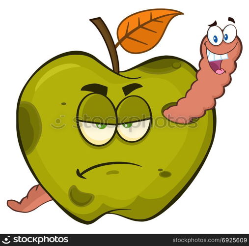 Happy Worm In A Grumpy Rotten Green Apple Fruit Cartoon Mascot Characters. Illustration Isolated On White Background