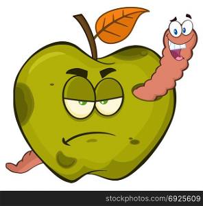 Happy Worm In A Grumpy Rotten Green Apple Fruit Cartoon Mascot Characters. Illustration Isolated On White Background
