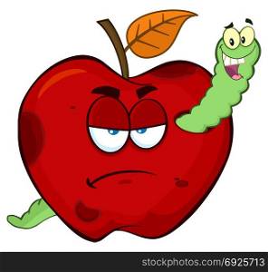 Happy Worm In A Grumpy Rotten Red Apple Fruit Cartoon Mascot Characters. Illustration Isolated On White Background