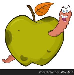 Happy Worm In A Rotten Green Apple Fruit Cartoon Mascot Character Design. Illustration Isolated On White Background