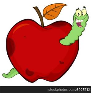 Happy Worm In A Rotten Red Apple Fruit Cartoon Mascot Character Design. Illustration Isolated On White Background