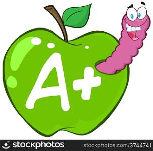 Happy Worm In Green Apple With Leter A+