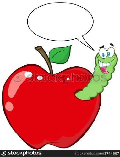 Happy Worm In Red Apple With Speech Bubble