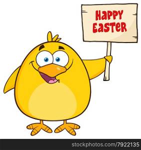 Happy Yellow Chick Cartoon Character Holding A Happy Easter Sign