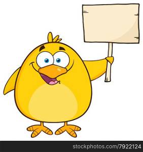 Happy Yellow Chick Cartoon Character Holding A Wooden Sign