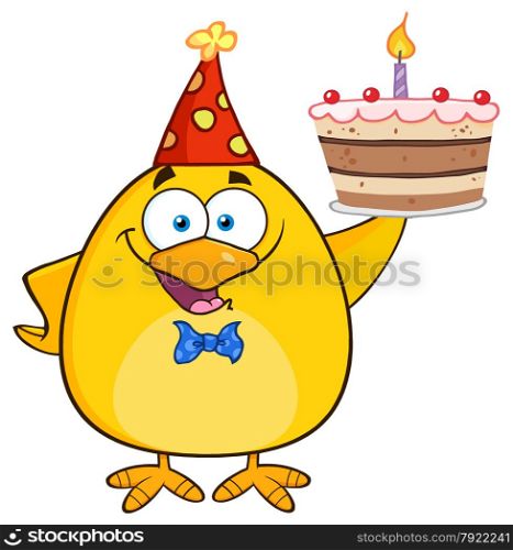 Happy Yellow Chick Cartoon Character Holding Up A Birthday Cake