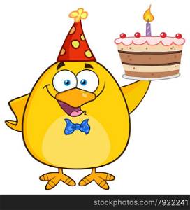 Happy Yellow Chick Cartoon Character Holding Up A Birthday Cake
