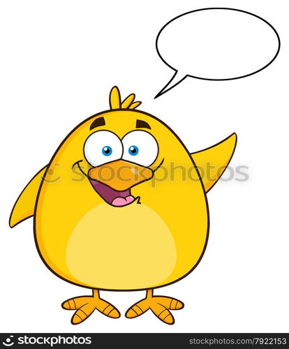 Happy Yellow Chick Cartoon Character Waving With Speech Bubble