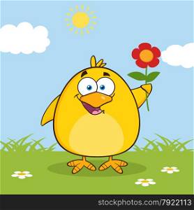 Happy Yellow Chick Cartoon Character With A Red Daisy Flower