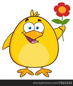 Happy Yellow Chick Cartoon Character With A Red Daisy Flower