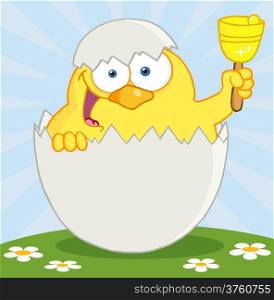Happy Yellow Chick Peeking Out Of An Egg And Ringing A Bell