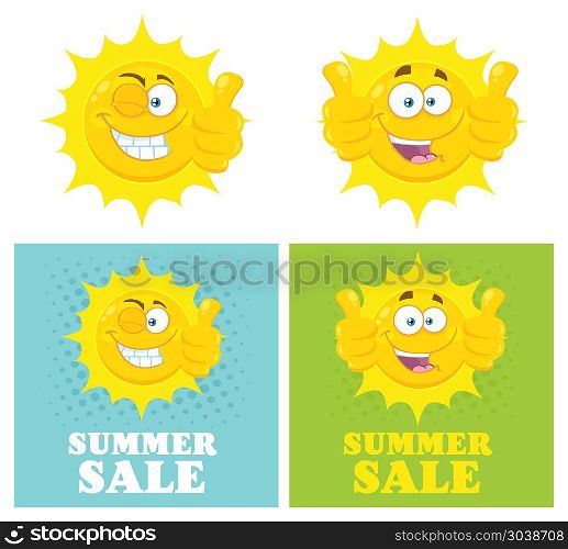 Happy Yellow Sun Cartoon Emoji Face Character Giving Thumbs Up. Flat Design Vector Illustration With Halftone Background And Text Summer Sale