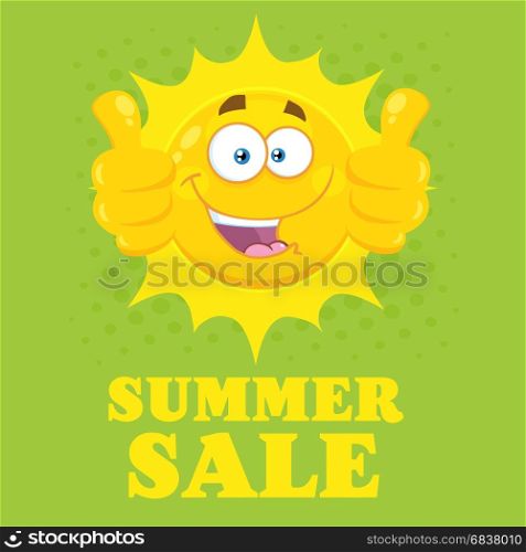 Happy Yellow Sun Cartoon Emoji Face Character Giving Two Thumbs Up. Illustration With Green Halftone Background And Text Summer Sale