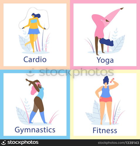 Happy Yoga, Cardio, Fitness and Gymnastics Plus Size Girls Cards. Body Positive. Attractive Overweight Women Healthy Lifestyle. Fat Acceptance Movement, No Fatphobia. Cartoon Flat Vector Illustration.. Attractive Overweight Women Healthy Lifestyle.