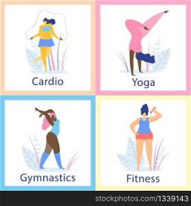Happy Yoga, Cardio, Fitness and Gymnastics Plus Size Girls Cards. Body Positive. Attractive Overweight Women Healthy Lifestyle. Fat Acceptance Movement, No Fatphobia. Cartoon Flat Vector Illustration.. Attractive Overweight Women Healthy Lifestyle.