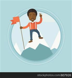 Happy young african-american leader businessman holding a red flag on the top of the mountain. Cheerful winner and leader concept. Vector flat design illustration in the circle isolated on background.. Cheerful leader man vector illustration.