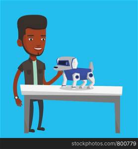Happy young african-american man playing with a robotic dog. Smiling man standing near the table with a robotic dog on it. Man stroking a robotic dog. Vector flat design illustration. Square layout.. Happy young man playing with robotic dog.