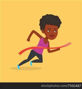 Happy young african-american sportswoman running through finishing line. Cheerful winner crossing finishing line. Sprinter breaking the finishing line. Vector flat design illustration. Square layout.. Athlete crossing finish line vector illustration.
