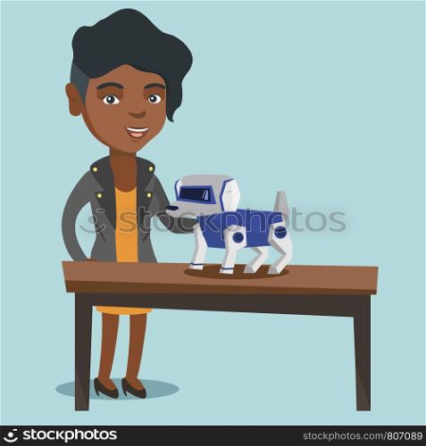 Happy young african-american woman playing with a robotic dog. Woman standing next to the table with a cyber dog on it. Woman stroking a robotic dog. Vector cartoon illustration. Square layout.. Young african woman playing with a robotic dog.