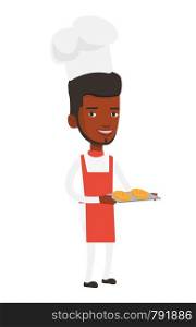 Happy young african baker holding tray of bread. Confident male baker standing with tray of bread. Smiling baker holding baking tray. Vector flat design illustration isolated on white background.. Happy young male baker holding tray of bread.