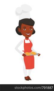 Happy young african baker holding tray of bread. Confident female baker standing with tray of bread. Smiling baker holding baking tray. Vector flat design illustration isolated on white background.. Happy young baker holding tray of bread.
