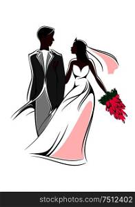 Happy young african couple in elegant clothes blowing in the breeze with the bride holding a pink bouquet. Happy young african bride and groom with flowers