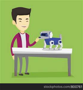 Happy young asian man playing with a robotic dog. Smiling man standing near the table with a robotic dog on it. Man stroking a robotic dog. Vector flat design illustration. Square layout.. Happy young man playing with robotic dog.