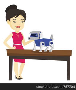 Happy young asian woman playing with a robotic dog. Woman standing near the table with a robotic dog on it. Woman stroking a robotic dog. Vector flat design illustration isolated on white background.. Happy young woman playing with robotic dog.