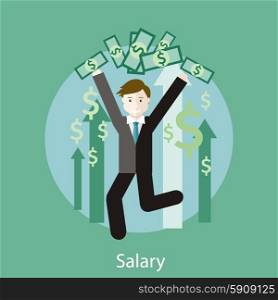 Happy young business man enjoying dollar rain. Concept of salary in flat design style. Can be used for web banners, marketing and promotional materials, presentation templates