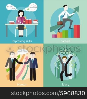 Happy young business man enjoying dollar rain. Financial adviser or business mentor help team partner up to profit growth. Improving skills. Business man with case rises to top step of stairs.