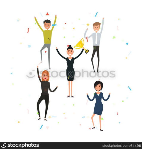 Happy young business people.Business team of employees.Team of happy young man & woman icon.Successful business teamwork concept.Business company partners.Vector illustration