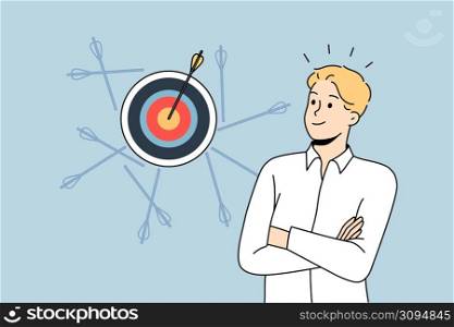 Happy young businessman hit target with arrow after several failure attempts. Concept of business success and goal achievement. Man employee reach aim. Flat vector illustration. . Businessman hit target with arrow