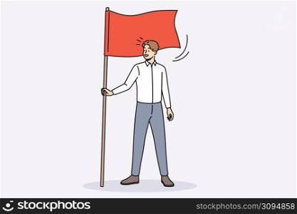 Happy young businessman hold flag demonstrate goal achievement. Smiling male employee or worker show leadership and motivation. Aim accomplishment and success. Vector illustration. . Happy businessman hold flag show leadership and success
