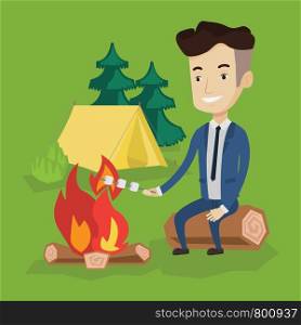 Happy young businessman in a suit sitting on a log near campfire and roasting marshmallow over campfire on the background of camping site with tent. Vector flat design illustration. Square layout.. Businessman roasting marshmallow over campfire.