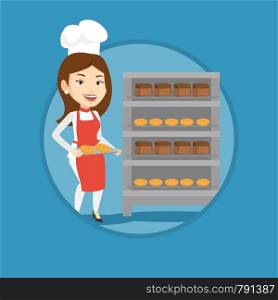 Happy young caucasian baker holding tray of bread in the bakery. Female baker standing near bread rack. Baker holding baking tray. Vector flat design illustration in the circle isolated on background.. Happy young female baker holding tray of bread.