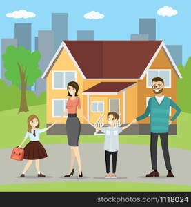 Happy young caucasian family with children,large family house in the background, cartoon vector illustration. Happy young caucasian family with children,large family house in