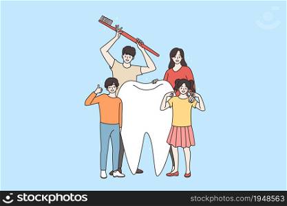 Happy young Caucasian family with children stand next to huge tooth encourage teeth hygiene and care. Smiling parents with kids recommend oral care. Dentist treatment. Flat vector illustration.. Happy family with children encourage tooth hygiene