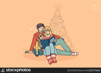 Happy young Caucasian family with kid sit near fir-tree enjoy Christmas holidays reading book together. Smiling parents with child celebrate New Year at home with fairytale. Vector illustration.. Happy family with kid read book on Christmas