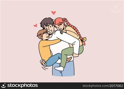 Happy young Caucasian father hold in arms play with small children show love and care. Smiling kids piggyback dad enjoy family weekend together. Fathers day concept. Vector illustration. . Happy children piggyback young father showing love