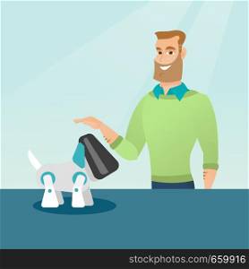 Happy young caucasian man playing with a robotic dog. Hipster man with beard standing near the table with a cyber dog on it. Man stroking a robotic dog. Vector cartoon illustration. Square layout.. Young caucasian man playing with robotic dog.