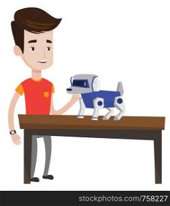 Happy young caucasian man playing with a robotic dog. Man standing near the table with a robotic dog on it. Man stroking a robotic dog. Vector flat design illustration isolated on white background.. Happy young man playing with robotic dog.