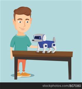 Happy young caucasian man playing with a robotic dog. Smiling man standing near the table with a cyber dog on it. Man stroking a robotic dog. Vector flat design illustration. Square layout.. Happy young man playing with robotic dog.