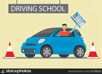 happy young caucasian man siting in blue driving school car outdoor.Male with driver license, Design concept drivers education,flat style vector illustration