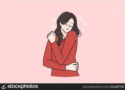 Happy young Caucasian woman hug herself feel secure and self-confident. Smiling millennial girl feel body positive enjoy optimistic leisure or weekend. Positivity concept. Flat vector illustration. . Happy woman hug herself feeling secure