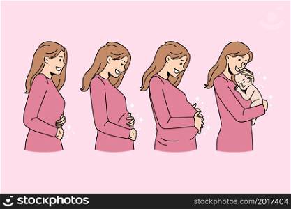 Happy young Caucasian woman in different stages of pregnancy. Smiling female before, during and after childbirth. Maternity and fertility concept. Mother and baby. Flat vector illustration.. Smiling woman during different pregnancy stages