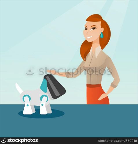 Happy young caucasian woman playing with a robotic dog. Woman standing near the table with a cyber dog on it. Woman stroking a robotic dog. Vector cartoon illustration. Square layout.. Young caucasian woman playing with robotic dog.