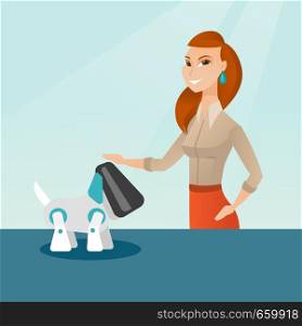 Happy young caucasian woman playing with a robotic dog. Woman standing near the table with a cyber dog on it. Woman stroking a robotic dog. Vector cartoon illustration. Square layout.. Young caucasian woman playing with robotic dog.