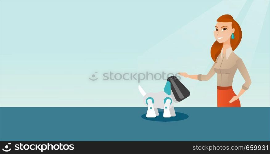 Happy young caucasian woman playing with a robotic dog. Woman standing near the table with a cyber dog on it. Woman stroking a robotic dog. Vector cartoon illustration. Horizontal layout.. Young caucasian woman playing with robotic dog.